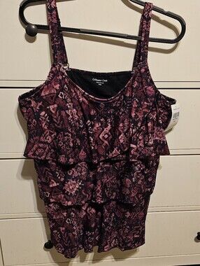 Coldwater Creek Plus Size 24W Ruffle Swim Top, Black & Plum Colors